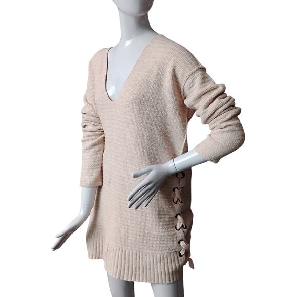 Anthro Free People Heart It Lace Sweater Size Small Knit Pink Long Sleeve V Neck - Picture 2 of 11